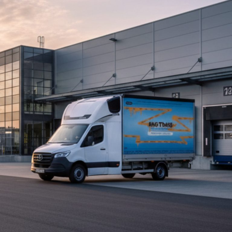 A wide-angle photograph of a specialized light commercial delivery van, featuring a blue and gold abstract map-like mural on its side with the clearly visible text 'ART TRANS'. The van is parked in front of a modern, multi-bay logistics distribution center at sunset. Other large semi-trucks are in the distant background under a warm, golden sky.