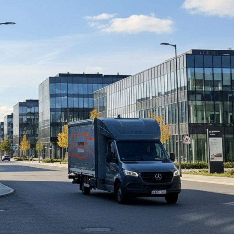 A grey Mercedes-Benz Sprinter delivery van driving through a modern European office park with glass buildings on a sunny autumn day.