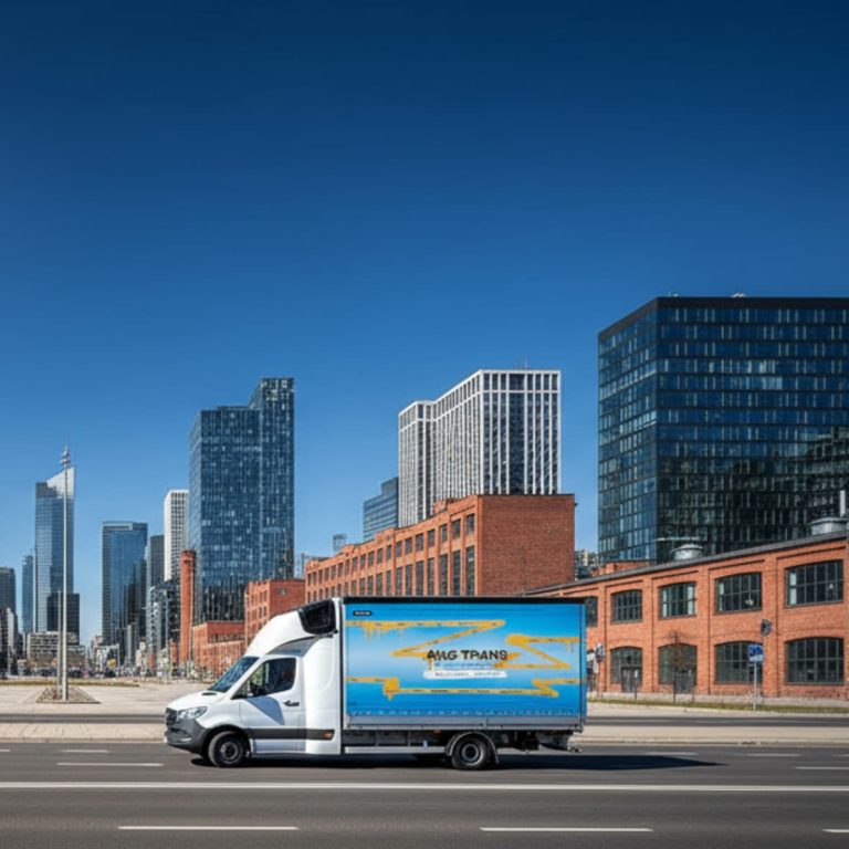 Biały bus dostawczy AMG-Trans na tle nowoczesnych biurowców w centrum miasta, ilustrujący gotowość na nowe przepisy transportowe.