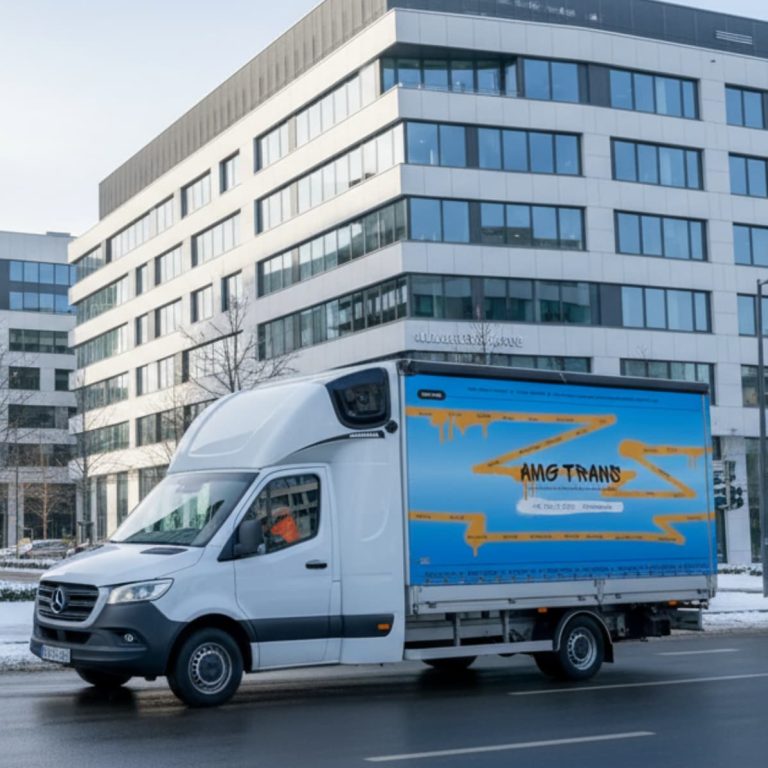 Biały bus dostawczy na zaśnieżonej drodze w nowoczesnym europejskim mieście – transport międzynarodowy i kabotaż.