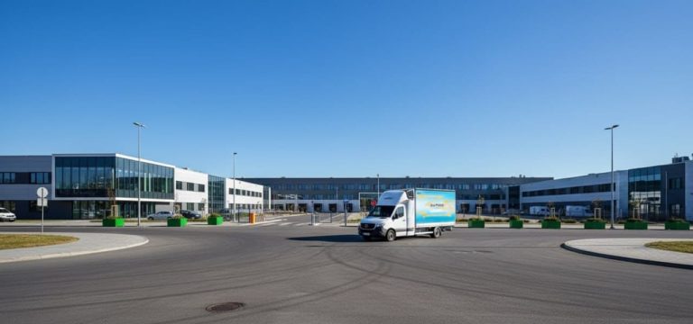 Biały bus dostawczy na tle nowoczesnego centrum logistycznego, gotowy do trasy międzynarodowej.