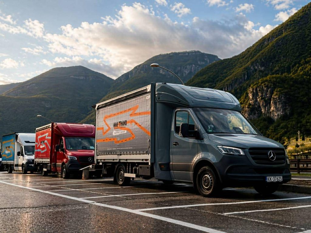 Flota samochodów dostawczych AMG Trans zaparkowana na tle gór podczas realizacji transportu międzynarodowego