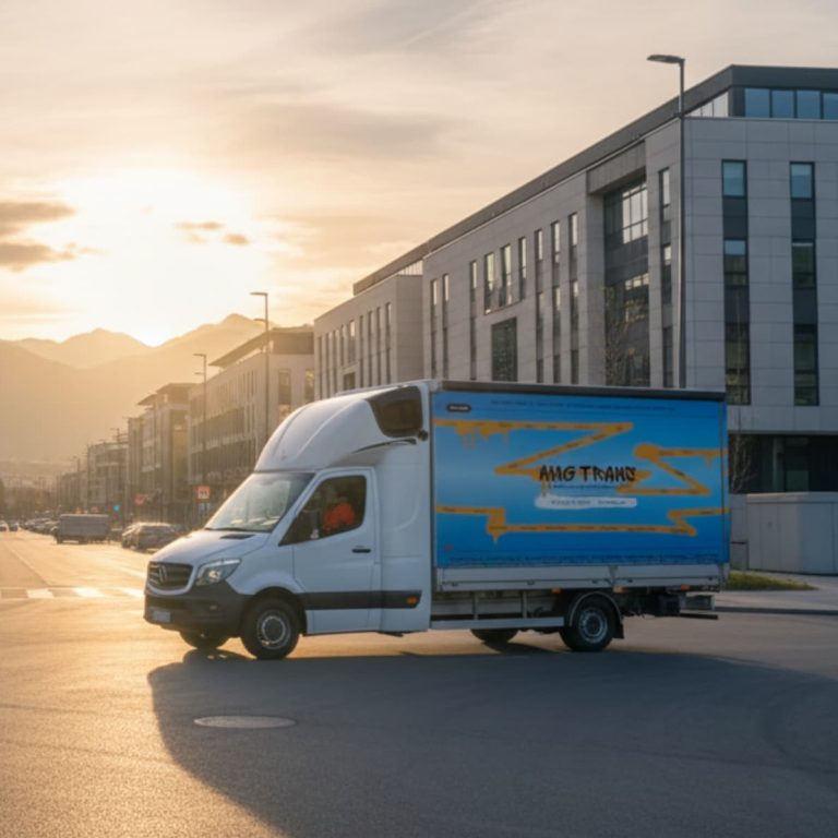 Biały bus dostawczy jadący przez nowoczesne miasto o poranku.