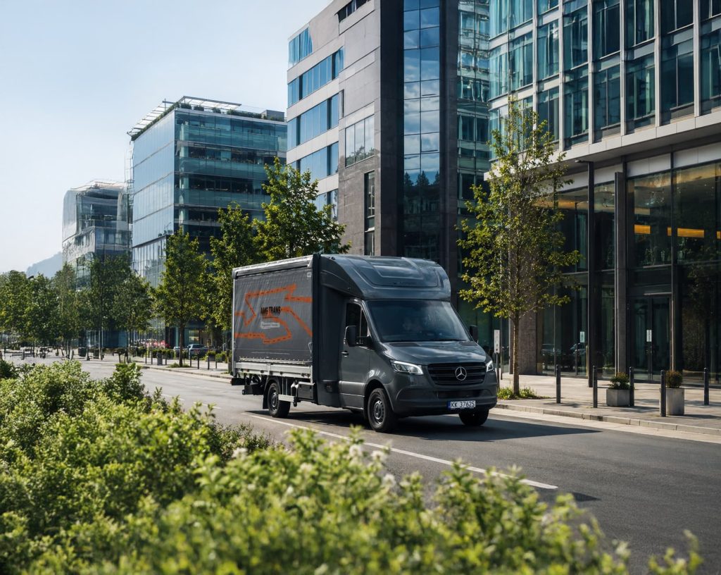 Samochód dostawczy AMG Trans w ruchu miejskim – bezpieczny transport LTL i FTL