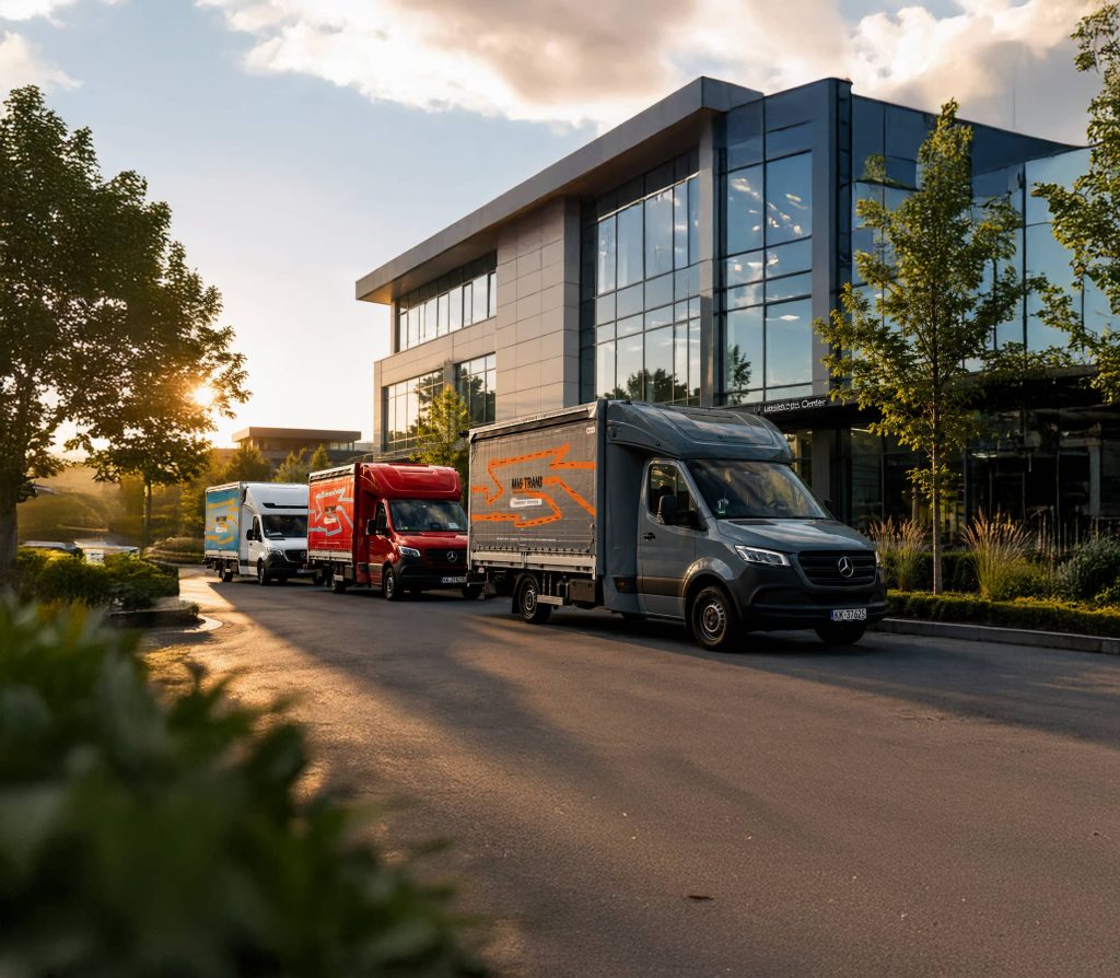 Transport międzynarodowy door-to-door – flota pojazdów dostawczych AMG Trans pod nowoczesnym centrum logistycznym