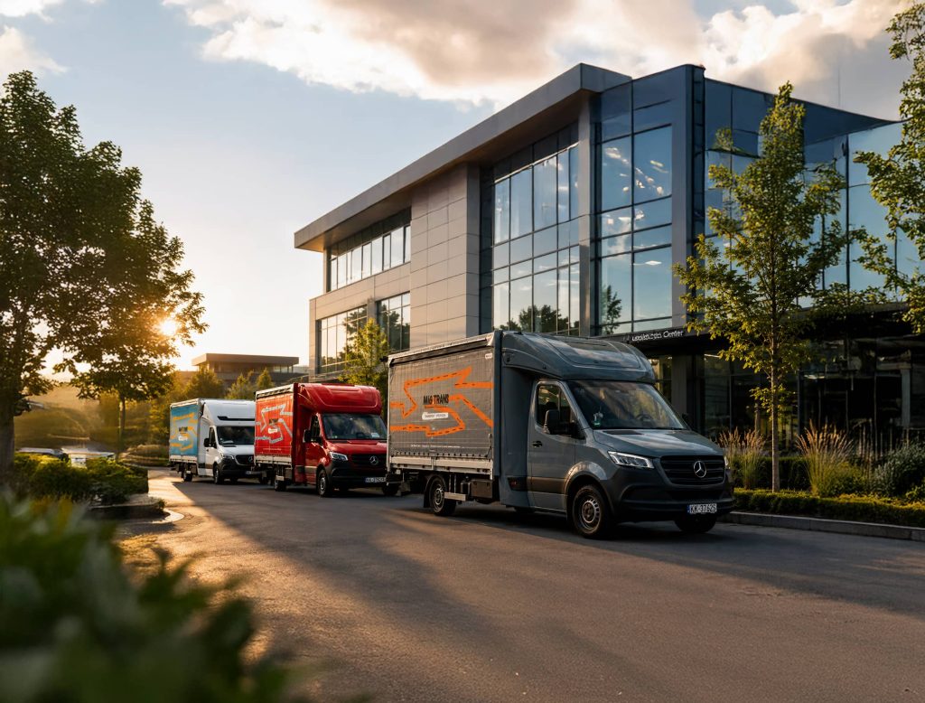 Transport międzynarodowy door-to-door – flota pojazdów dostawczych AMG Trans pod nowoczesnym centrum logistycznym