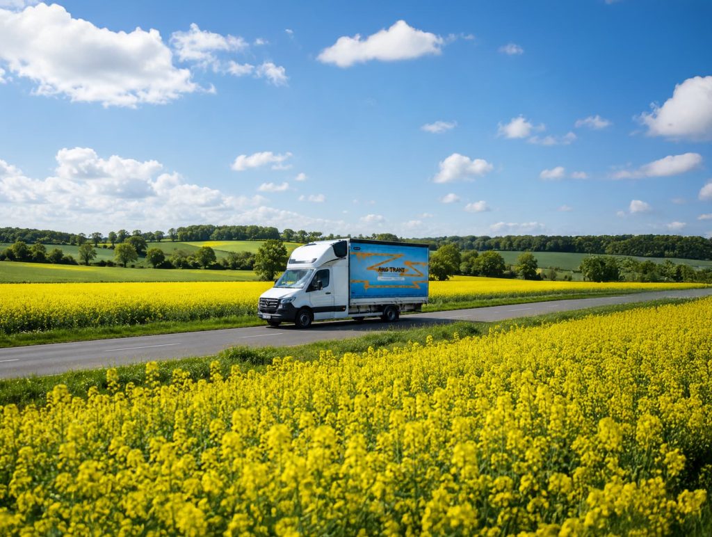 Samochód dostawczy AMG Trans na drodze wśród pól – transport LTL i FTL