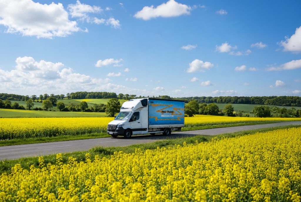 Samochód dostawczy AMG Trans na drodze wśród pól – transport LTL i FTL