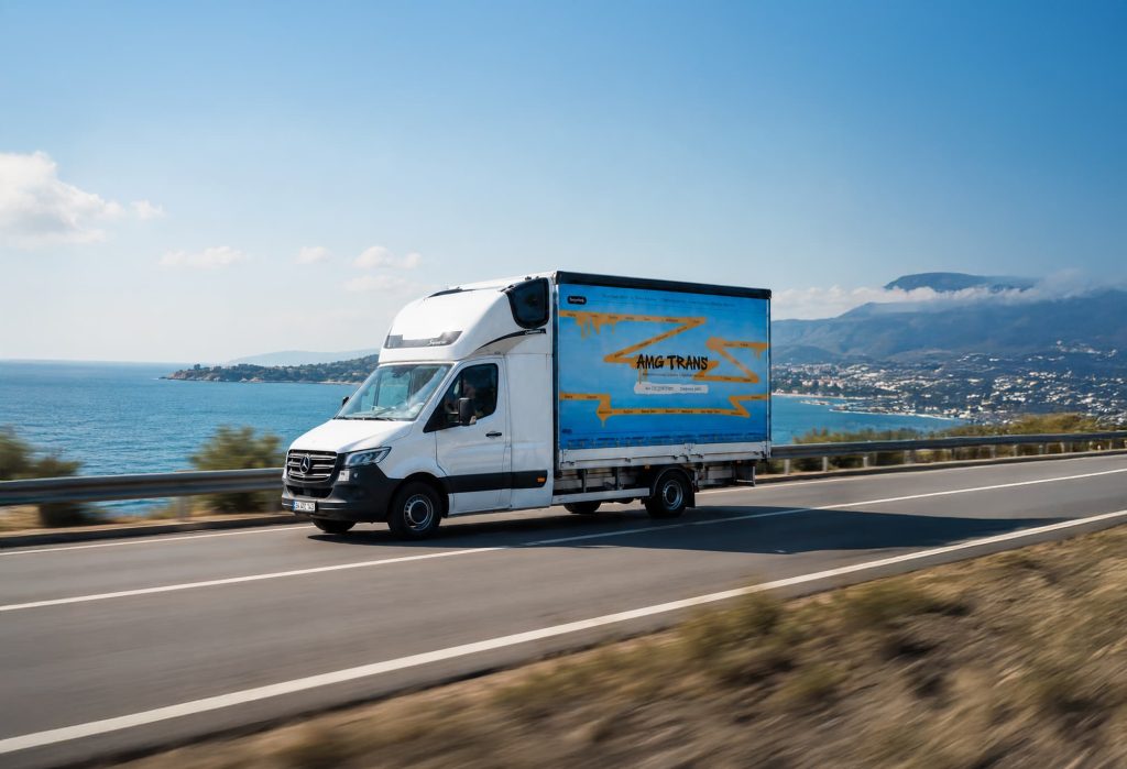 Samochód dostawczy AMG Trans na trasie nad morzem – ekspresowy transport B2B w Europie