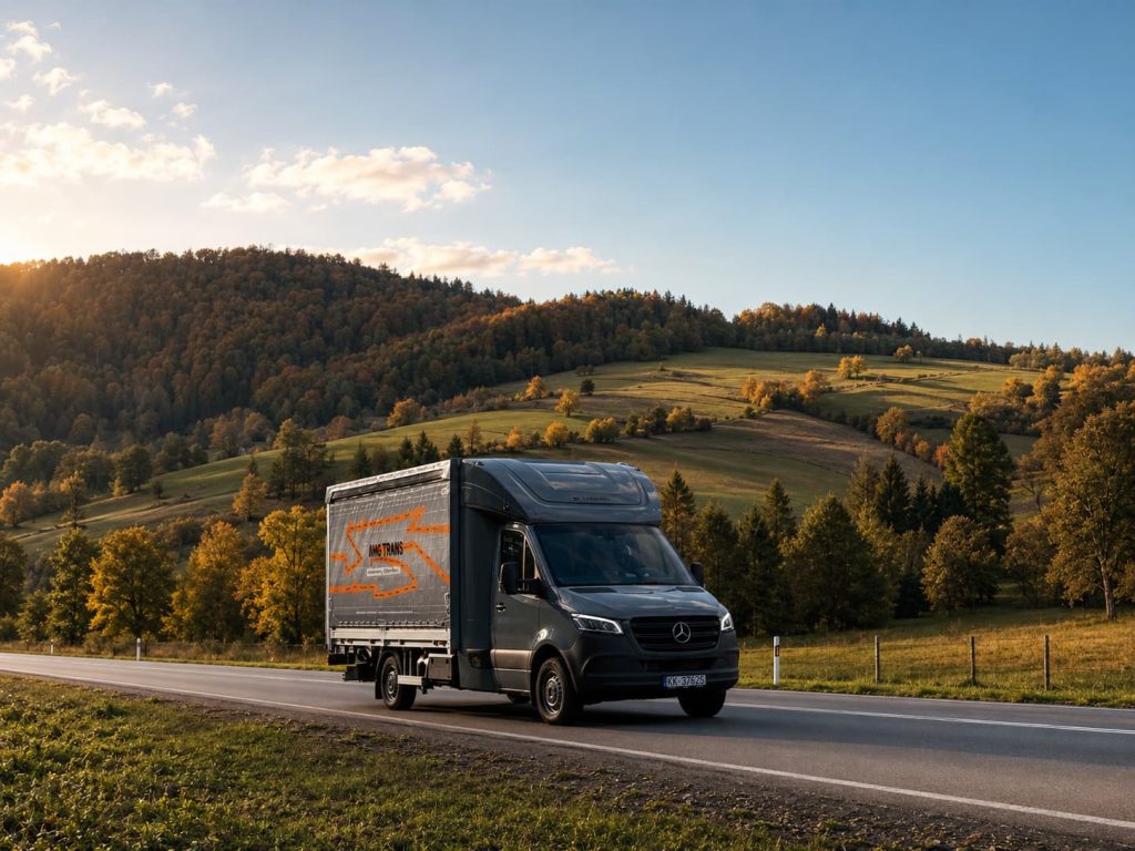 Samochód dostawczy AMG Trans w trasie podczas realizacji spedycji międzynarodowej w Europie