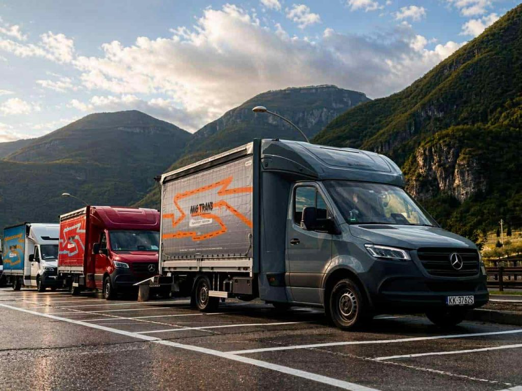 Flota samochodów dostawczych AMG Trans zaparkowana na tle gór podczas realizacji transportu międzynarodowego