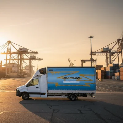 Kary za nielegalny kabotaż – bus AMG Trans w miejskiej scenerii.